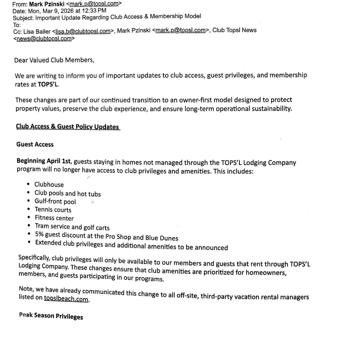 March 9, 2026 Club email stating that effective April 1 guests not booked through the TOPS'L Lodging program will no longer have access to club privileges and amenities including clubhouse, pools, tennis, fitness, and tram