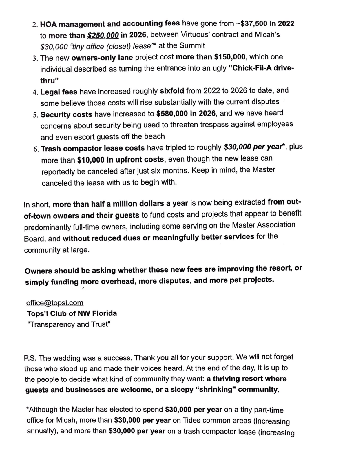 May 2026 Club email to owners, sent the day after the wedding, containing the sentence We will not forget those who stood up