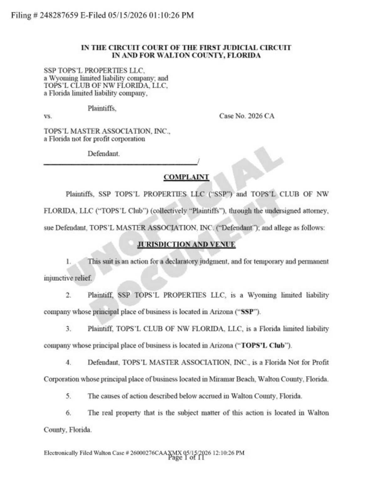 First page of the complaint in SSP TOPS'L Properties LLC and TOPS'L Club of NW Florida LLC versus TOPS'L Master Association Inc, Walton County Circuit Court case 2026 CA 276
