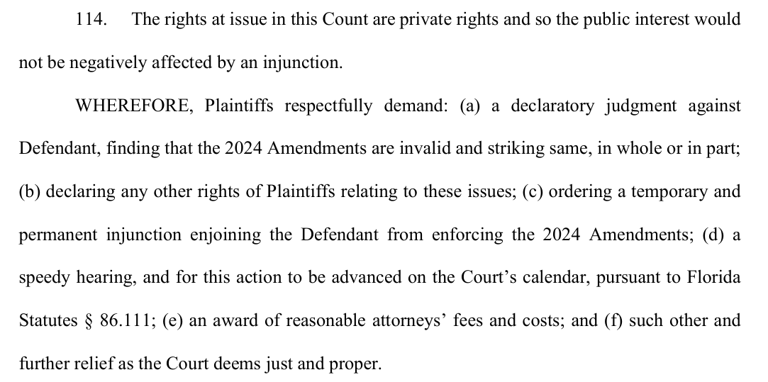 Count III demand from page 27 of the draft amended complaint: WHEREFORE, Plaintiffs respectfully demand a declaratory judgment finding that the 2024 Amendments are invalid and striking same in whole or in part, and an injunction enjoining the Defendant from enforcing the 2024 Amendments