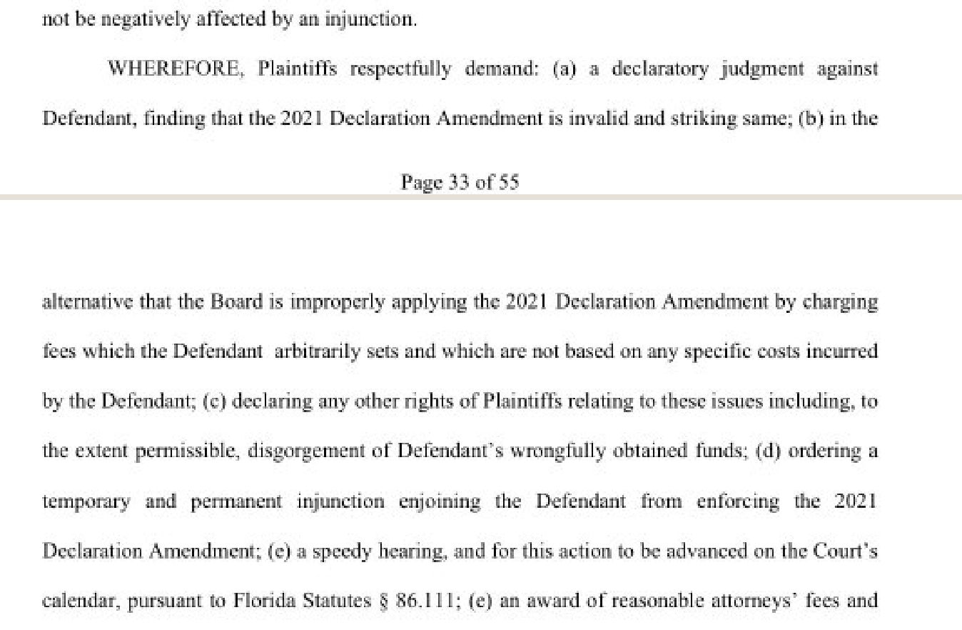 Count IV closing demand from the draft amended complaint, pages 33 to 34: WHEREFORE, Plaintiffs respectfully demand a declaratory judgment finding the 2021 Declaration Amendment invalid, and declaring any other rights of Plaintiffs including, to the extent permissible, disgorgement of Defendant's wrongfully obtained funds, and an injunction against enforcing the amendment