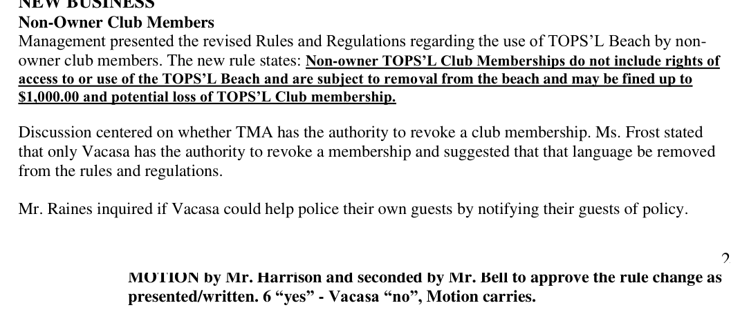 March 4, 2023 TOPS'L Master Association organizational meeting minutes: the new rule states non-owner TOPS'L Club memberships do not include rights of access to or use of the TOPS'L Beach, subject to removal and fines up to $1,000; motion approved 6 yes with Vacasa voting no