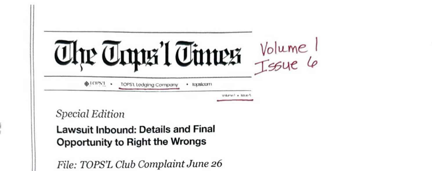 Front page of The Tops'l Times Volume 1 Issue 6, headlined Lawsuit Inbound: Details and Final Opportunity to Right the Wrongs
