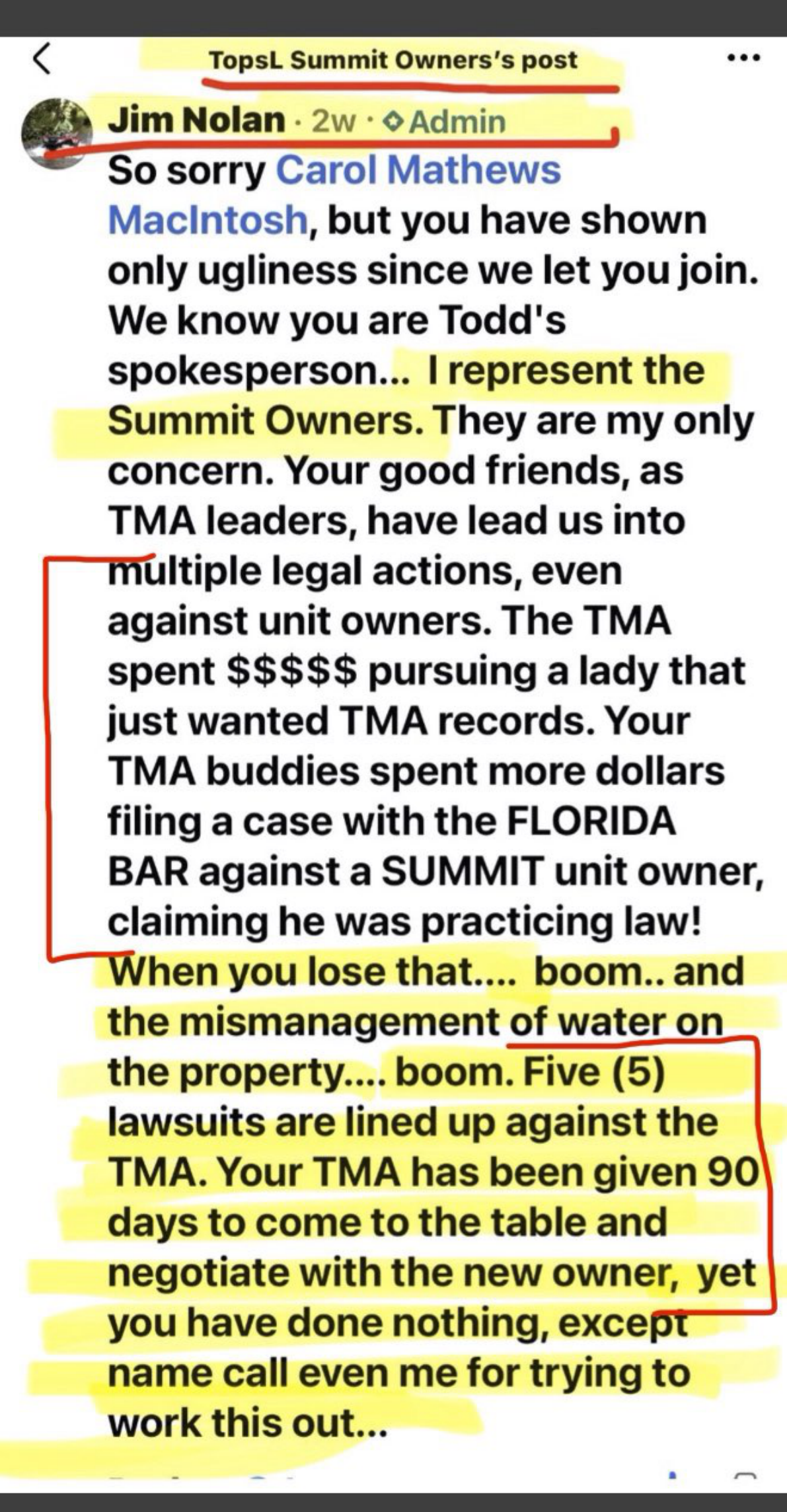 Screenshot of a comment posted under Jim Nolan's name claiming five lawsuits are lined up against the TMA and a 90-day ultimatum