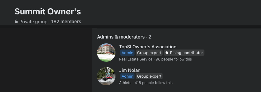 Facebook members page for the private Summit Owner's group, 182 members, showing Admins and moderators: the TopSl Owner's Association page with an Admin badge, and Jim Nolan with an Admin badge