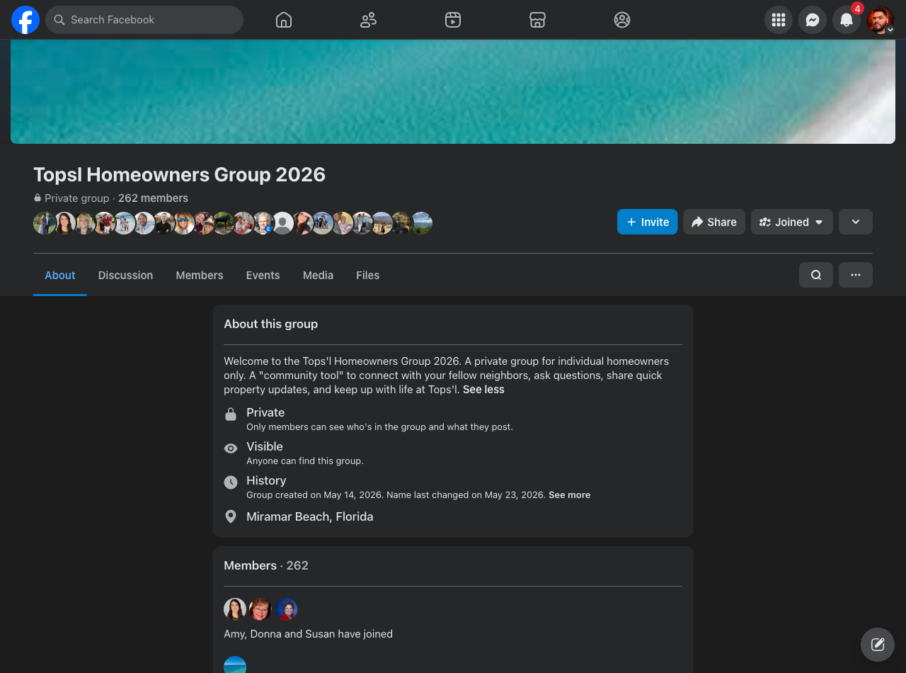 Facebook group history for Topsl Homeowners Group 2026 showing it was created May 14, 2026 and its name last changed May 23, 2026, run as a private group