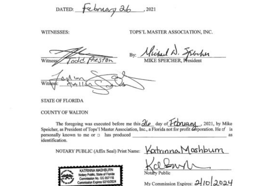 Signature page: MIKE SPEICHER, President of Tops'l Master Association