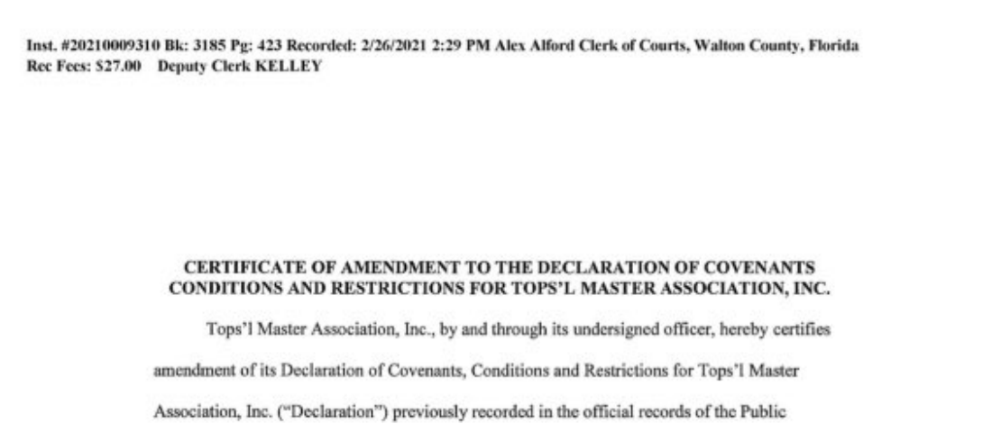 Recording stamp of the February 26, 2021 Certificate of Amendment, Walton County Instrument 20210009310, Book 3185, Page 423
