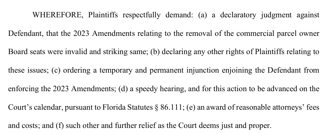 Count I closing demand from page 20 of the draft amended complaint: WHEREFORE, Plaintiffs respectfully demand a declaratory judgment that the 2023 Amendments relating to the removal of the commercial parcel owner Board seats were invalid and striking same, and an injunction enjoining the Defendant from enforcing the 2023 Amendments