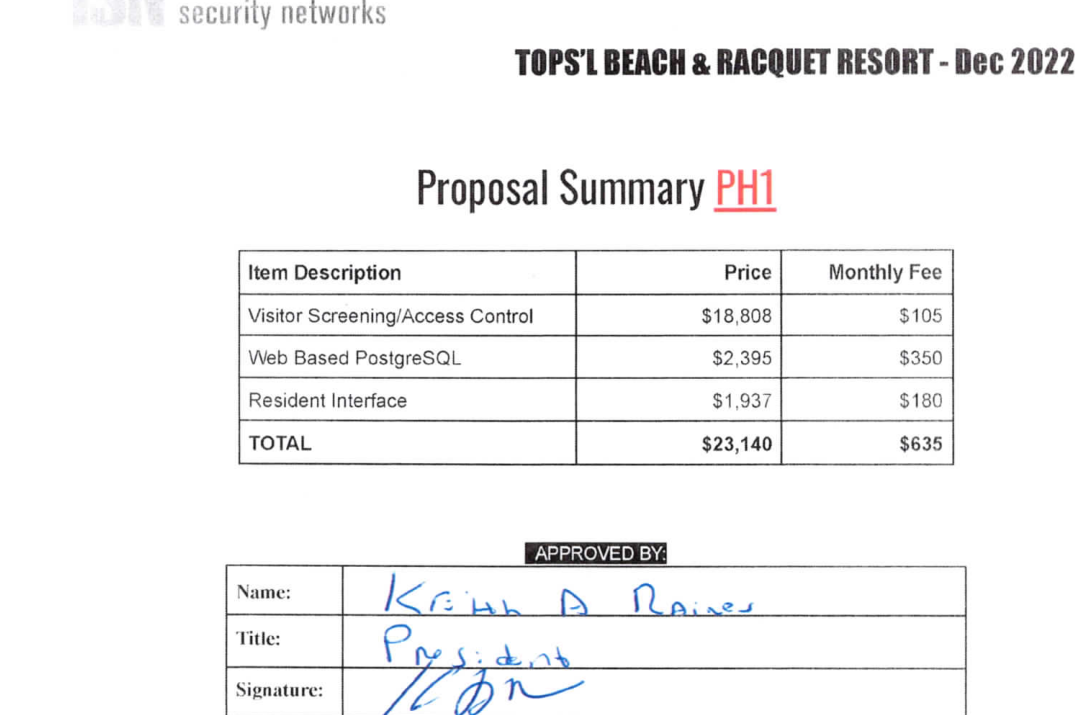 ISN proposal summary December 2022: visitor screening and access control $18,808, PostgreSQL $2,395, resident interface $1,937, total $23,140, approved by Keith A Raines, President