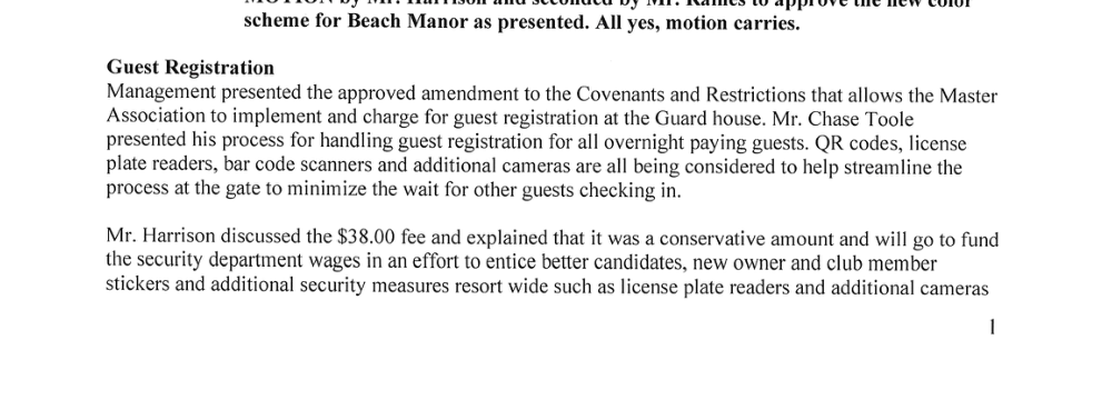 November 14, 2022 TMA special meeting minutes describing the guest registration process and the $38 fee as a conservative amount funding security wages and equipment
