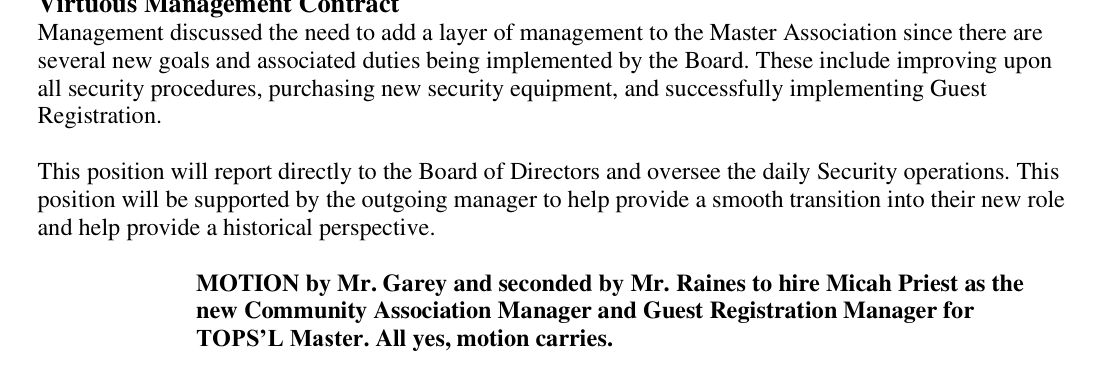 March 4, 2023 minutes: motion to hire Micah Priest as the new Community Association Manager and Guest Registration Manager for TOPS'L Master
