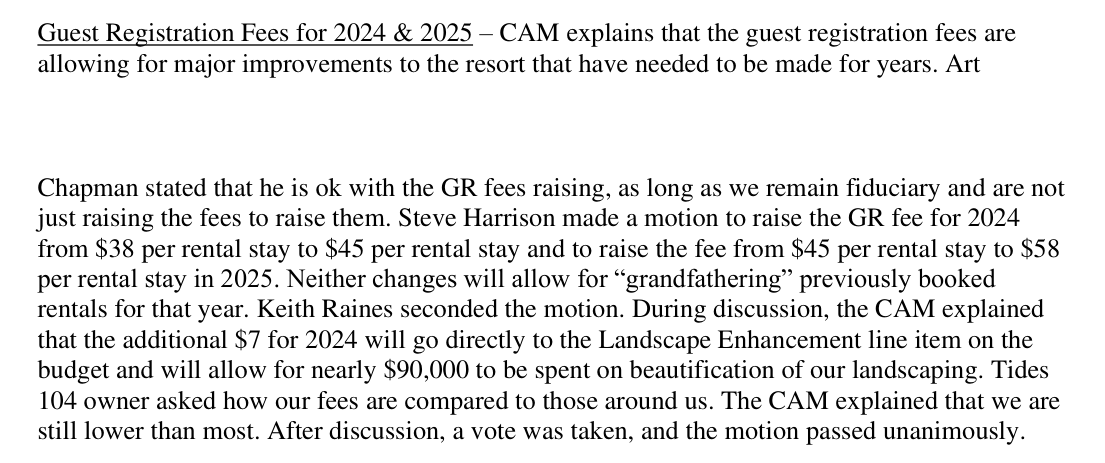 October 26, 2023 minutes: motion raising the guest registration fee to $45 for 2024 and $58 for 2025 in one motion, no grandfathering