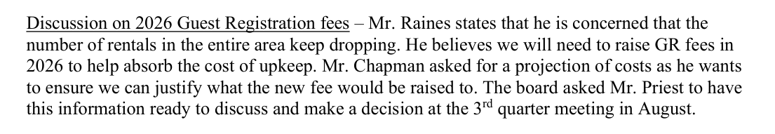 April 10, 2025 minutes: Mr. Chapman asked for a projection of costs to justify what the new fee would be raised to