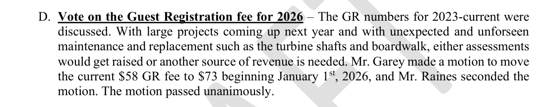 August 21, 2025 minutes: either assessments would get raised or another source of revenue is needed; motion to move the fee from $58 to $73 passed unanimously