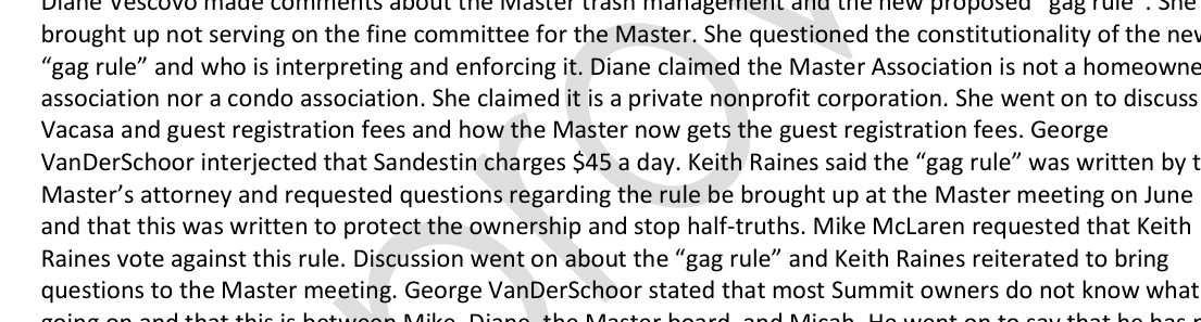 Summit May 29, 2026 minutes: George VanDerSchoor interjected that Sandestin charges $45 a day