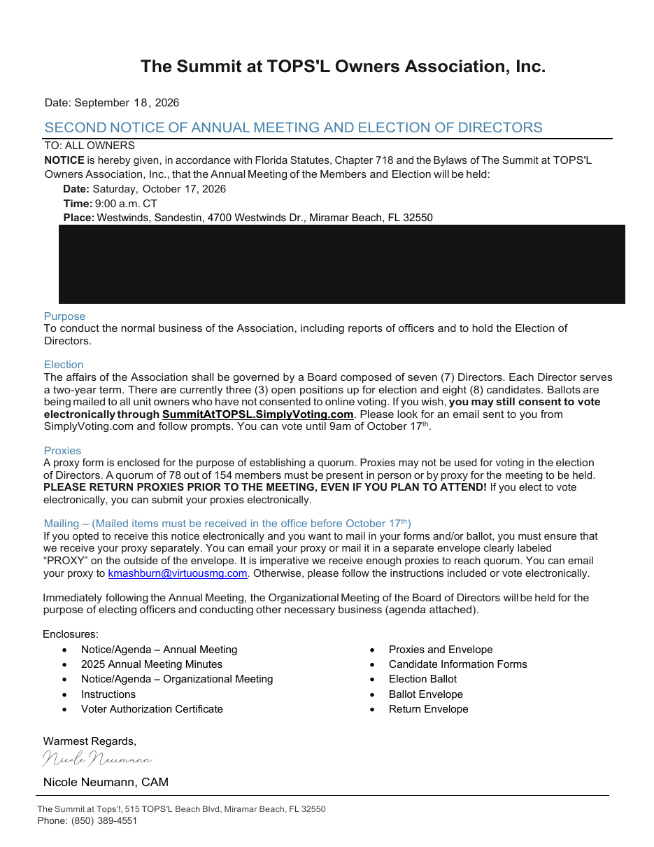 The Summit&rsquo;s second notice of its October 17, 2026 annual meeting and election